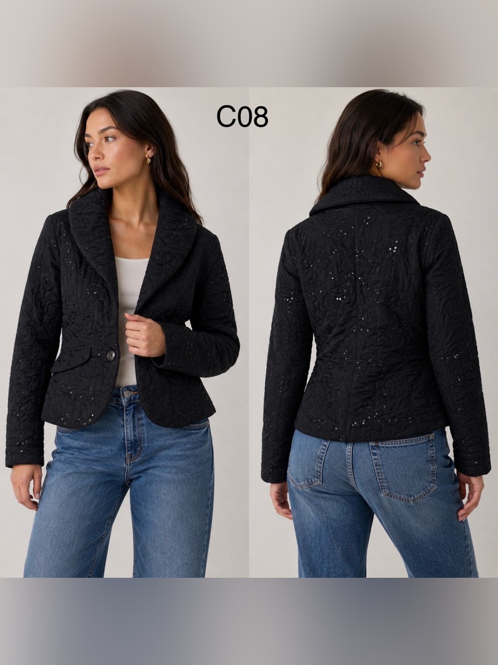 Women's Quilted Black Blazer Jacket with Sequin Accent,Size Small